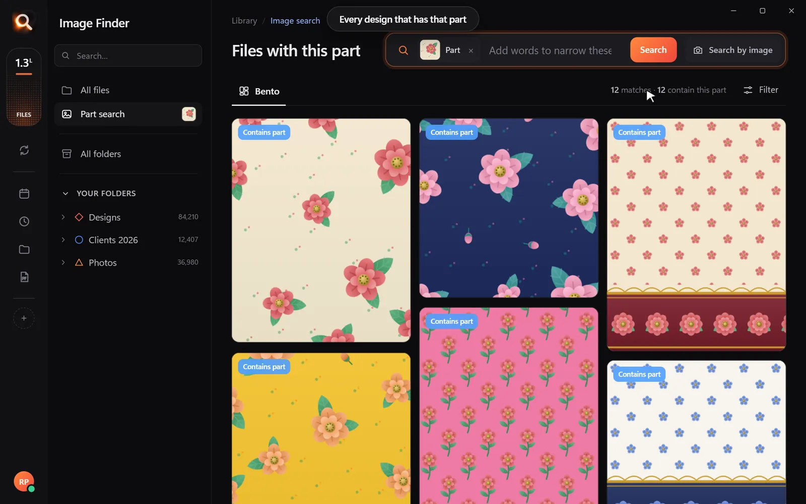 Find every file that contains one part of a design - something photo apps usually cannot do