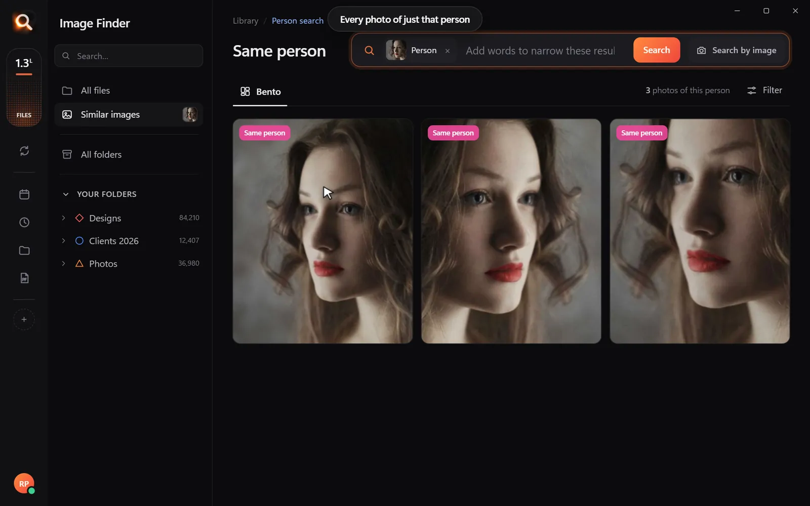 Image Finder: 'Same person' shows every photo of the person you picked