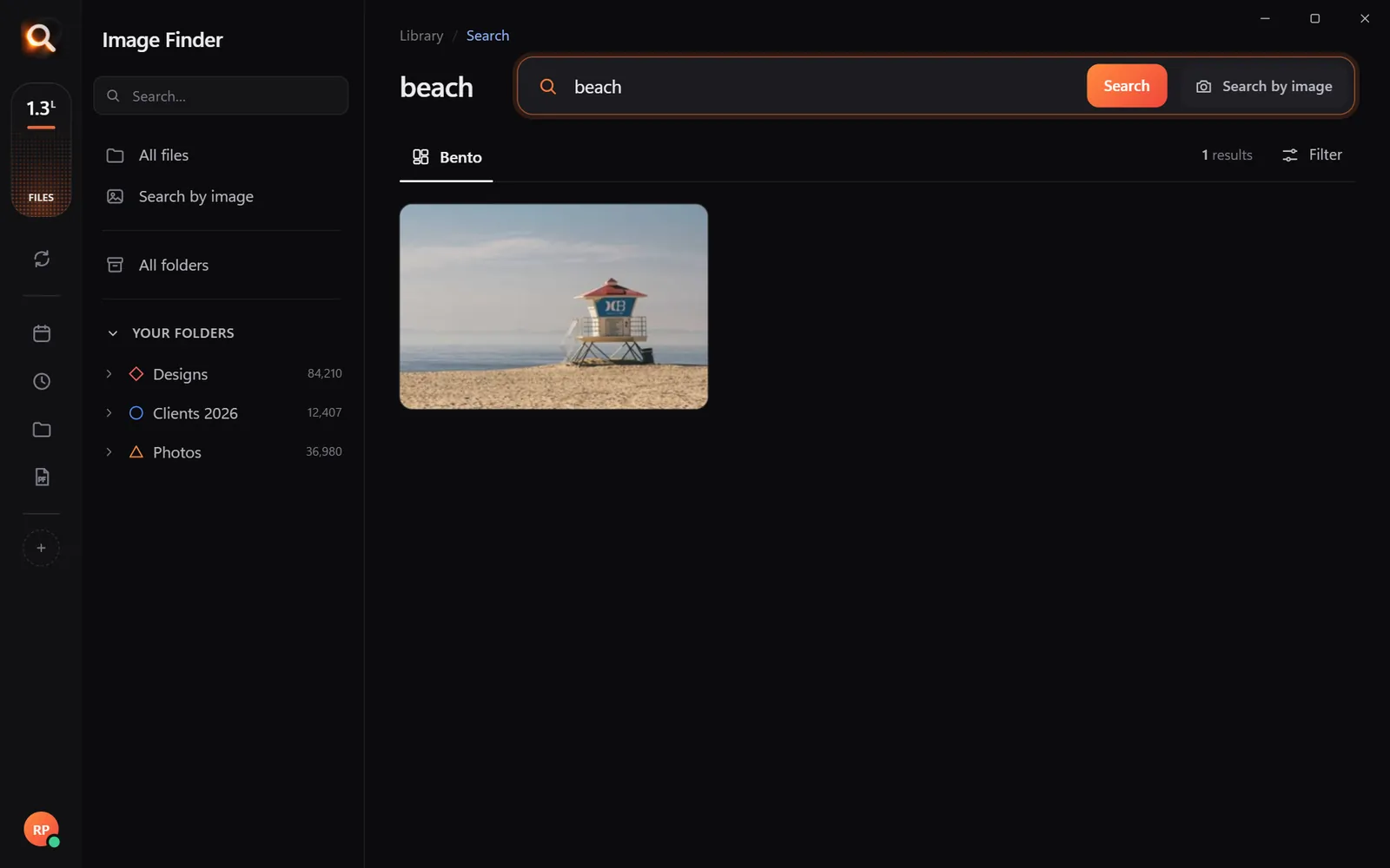Typing 'beach' finds the beach photo, whatever the file is called