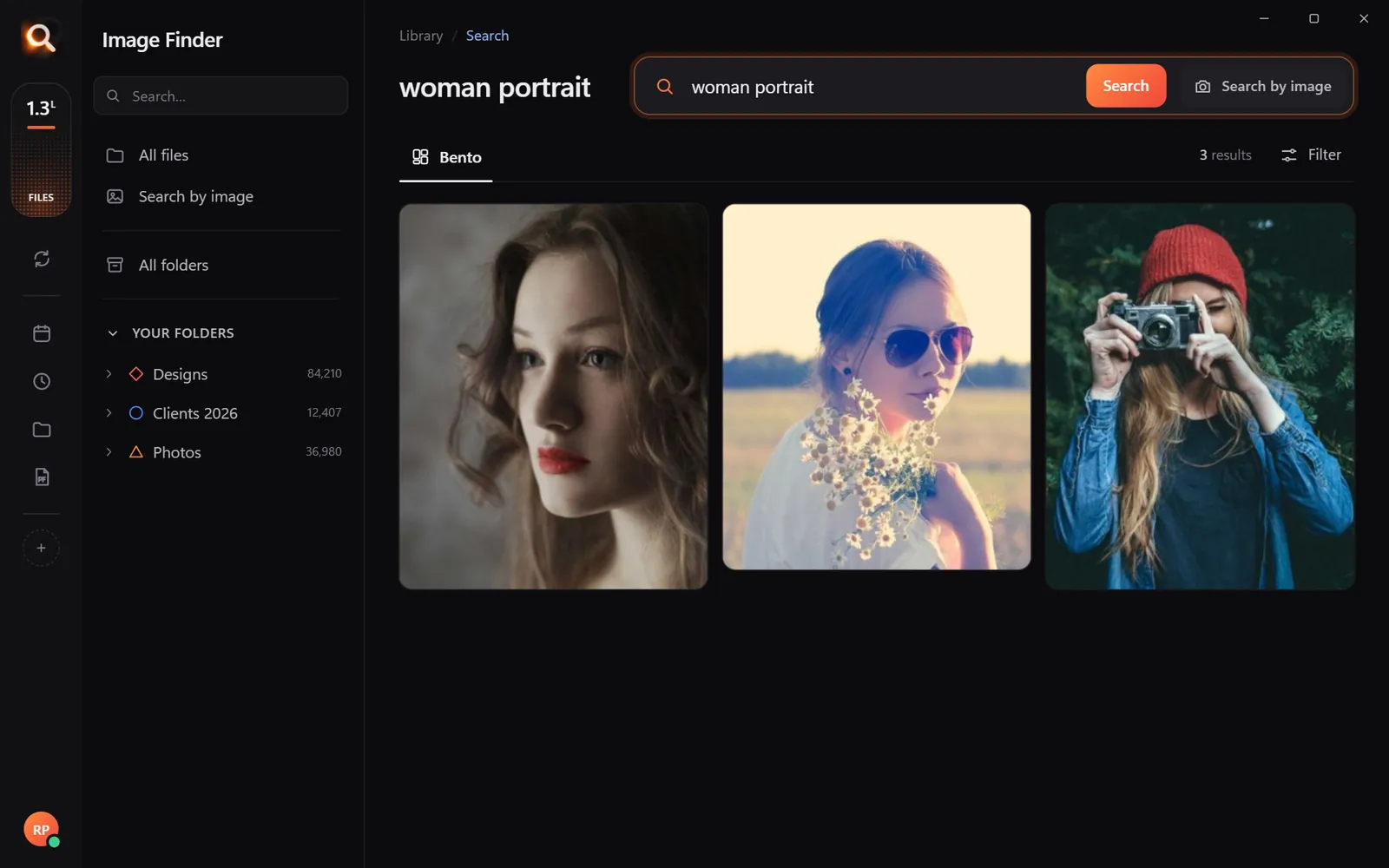 Image Finder: searching 'woman portrait' finds portraits across folders