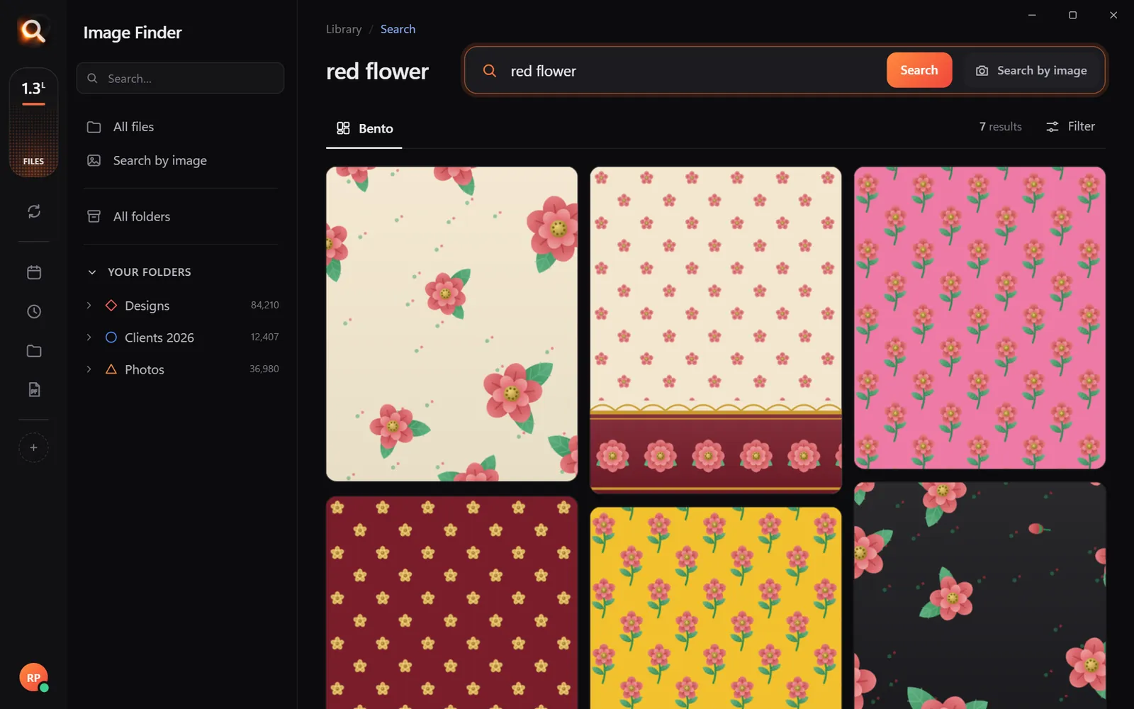 Image Finder search results for 'red flower' - every design with red flowers, whatever the file is called