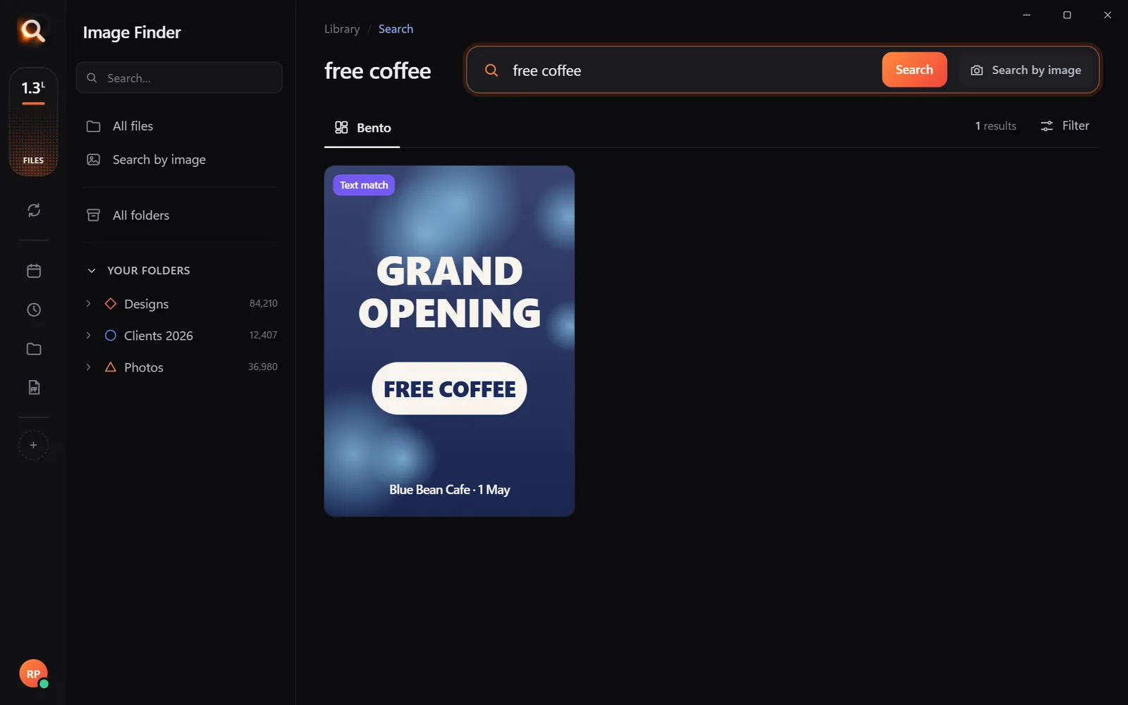 Searching 'free coffee' finds a poster design by the words printed on it