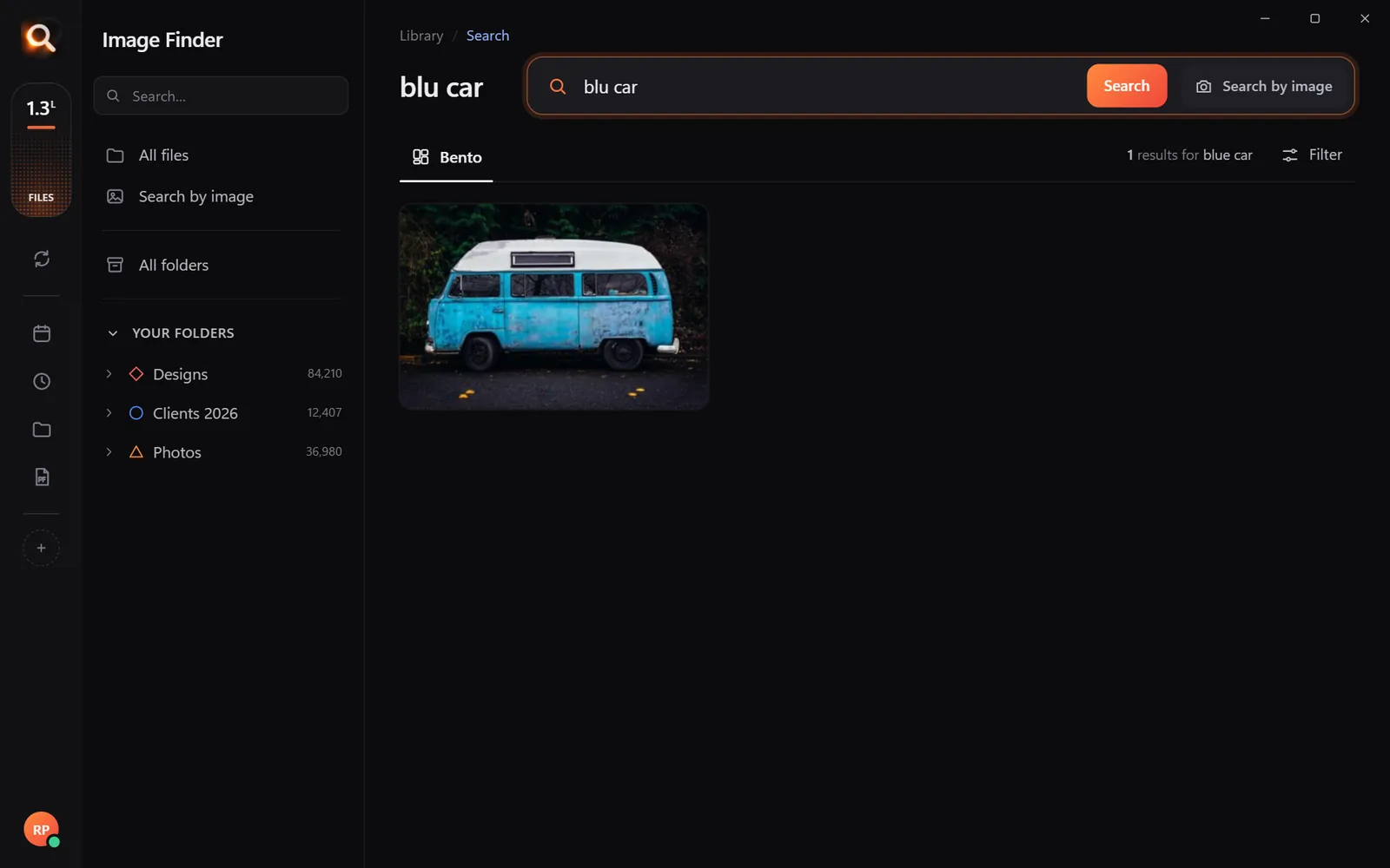 Searching 'blu car' with a spelling mistake still finds the blue camper van